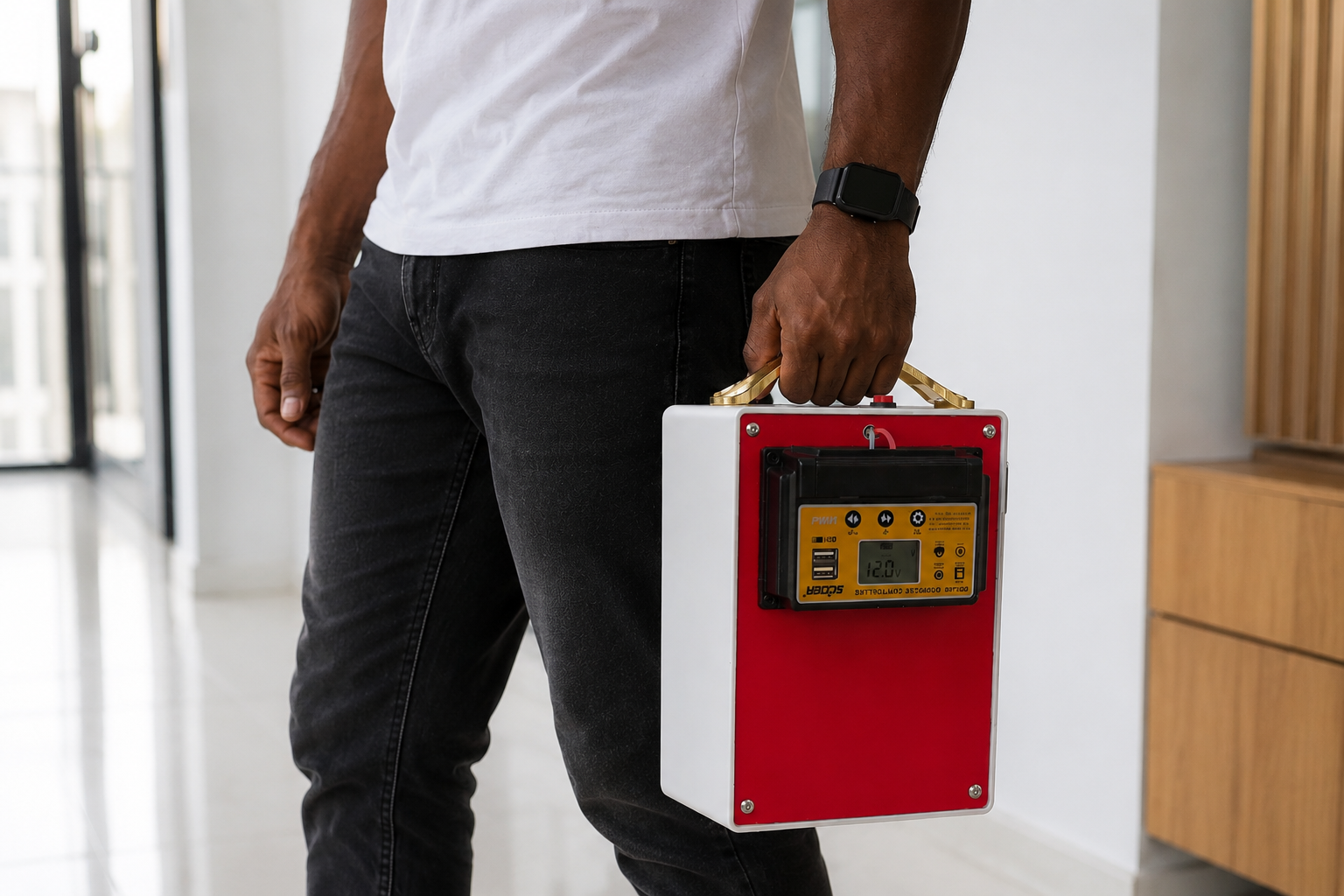 Man carrying the Raph Lapi power box to show how portable it is