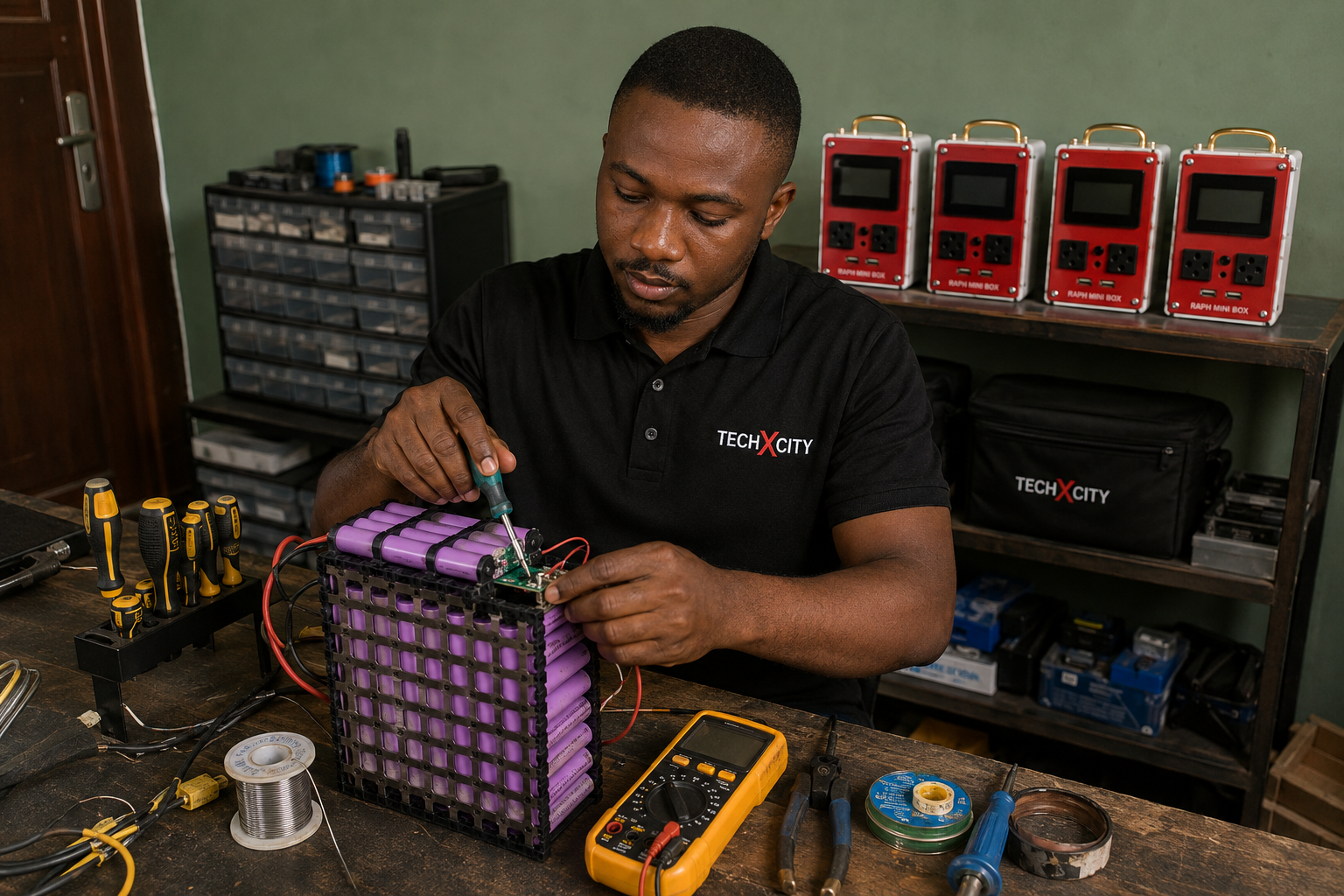 Techxcity Energy engineer building a power unit in the workshop